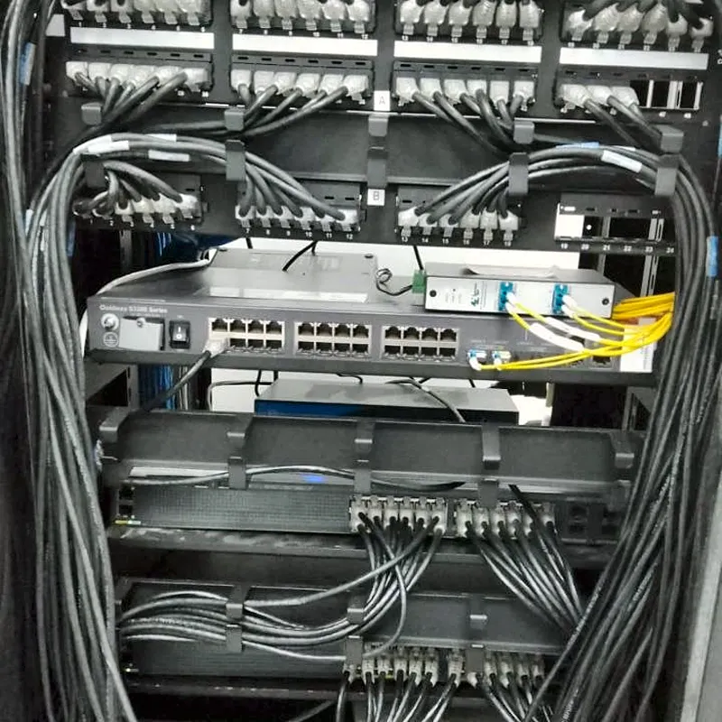 Rack de cableado estructurado con patcheras y switch en una planta industrial